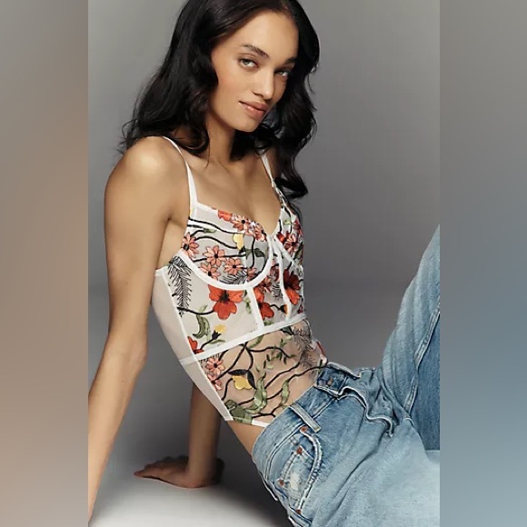 Anthropologie Tops - New LYREBIRD By Anthropologie Floral Mesh Embroidered Bodysuit Shaper Sz XL